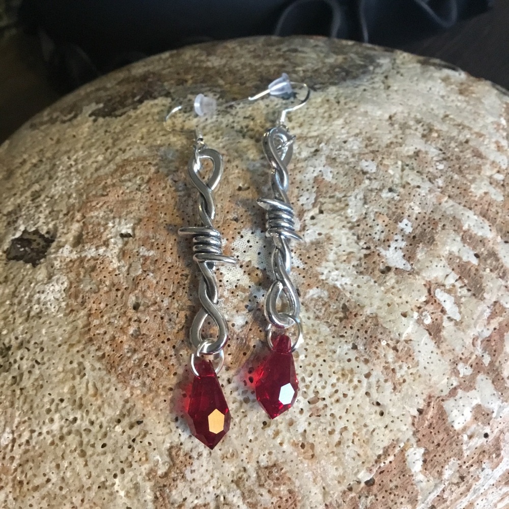 Handcrafted Silver Barbed Wire Earrings with Crimson Red Swarovski Crystal Drops